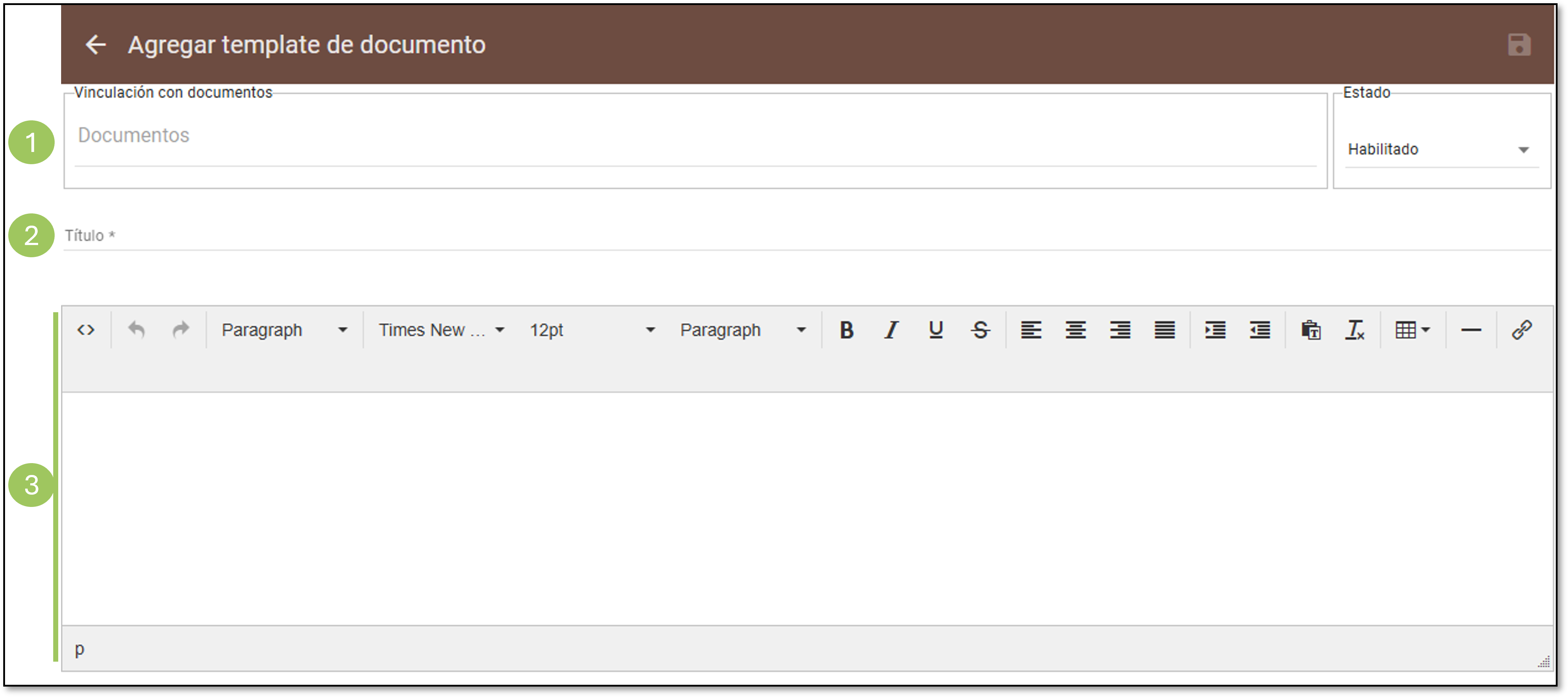 Formulario para agregar un template de documento.