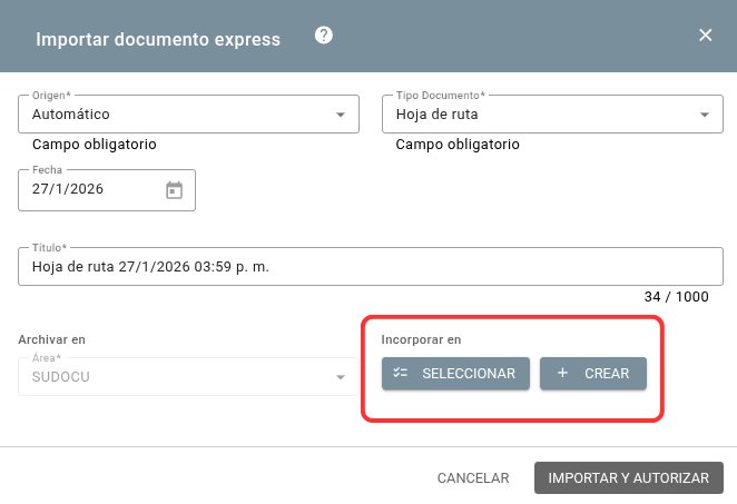 Formulario de importación express de origen automático (hoja de ruta)