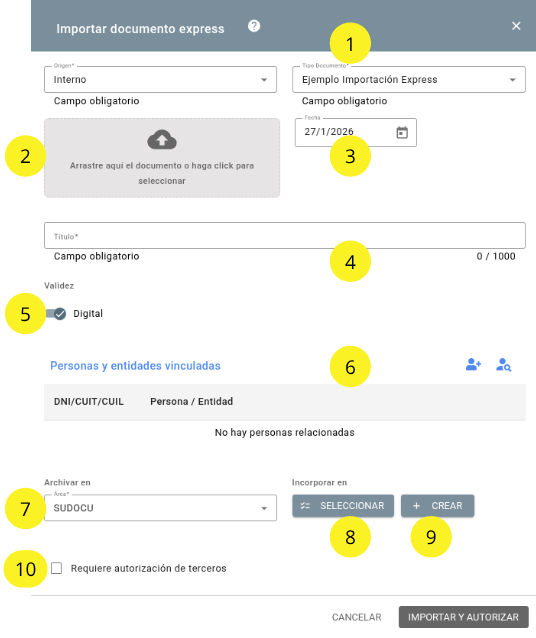 Formulario de importación express de origen interno